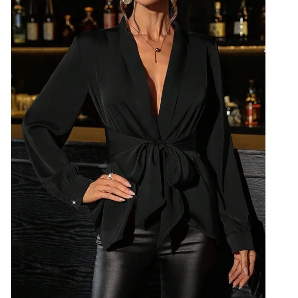 COPY - Luxe Satin Plunging Neck belted Long Sleeve Blouse - Picture 6 of 7